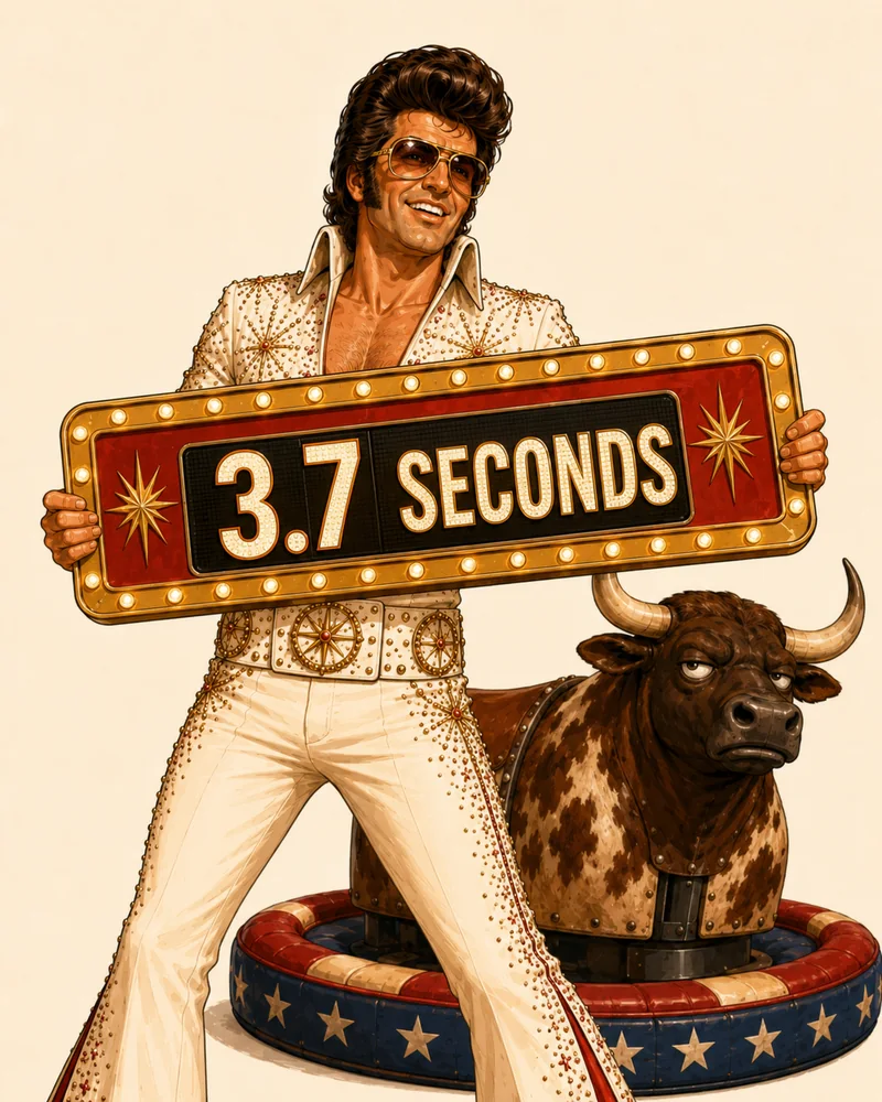The Rhinestone Rider proudly holding a 3.7 seconds scoreboard beside an unimpressed bull