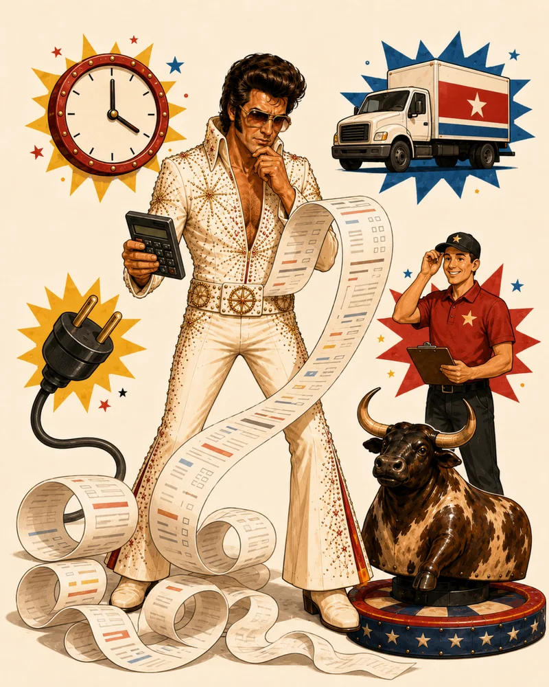 The Rhinestone Rider examining a long mechanical bull rental receipt