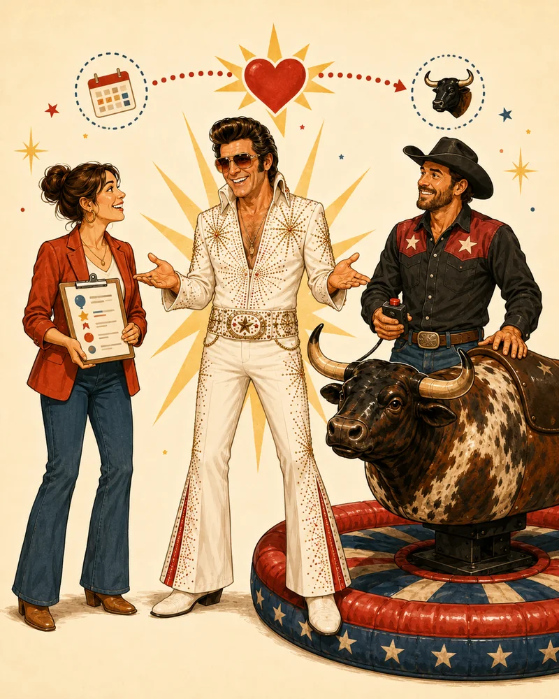 The Rhinestone Rider introducing a customer to a mechanical bull operator
