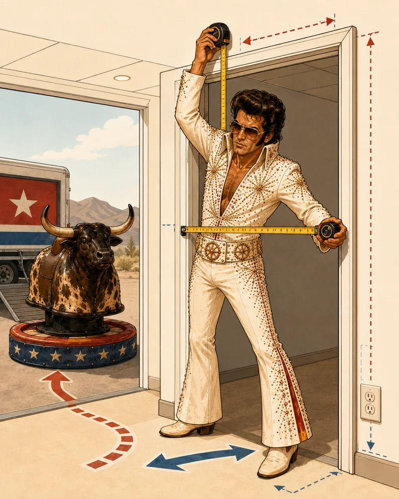 The Rhinestone Rider measuring a venue doorway for mechanical bull access